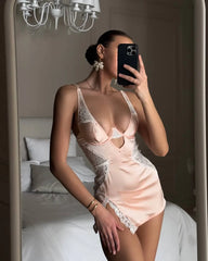 Deep-V Satin Slip Dress with Lace & High Split