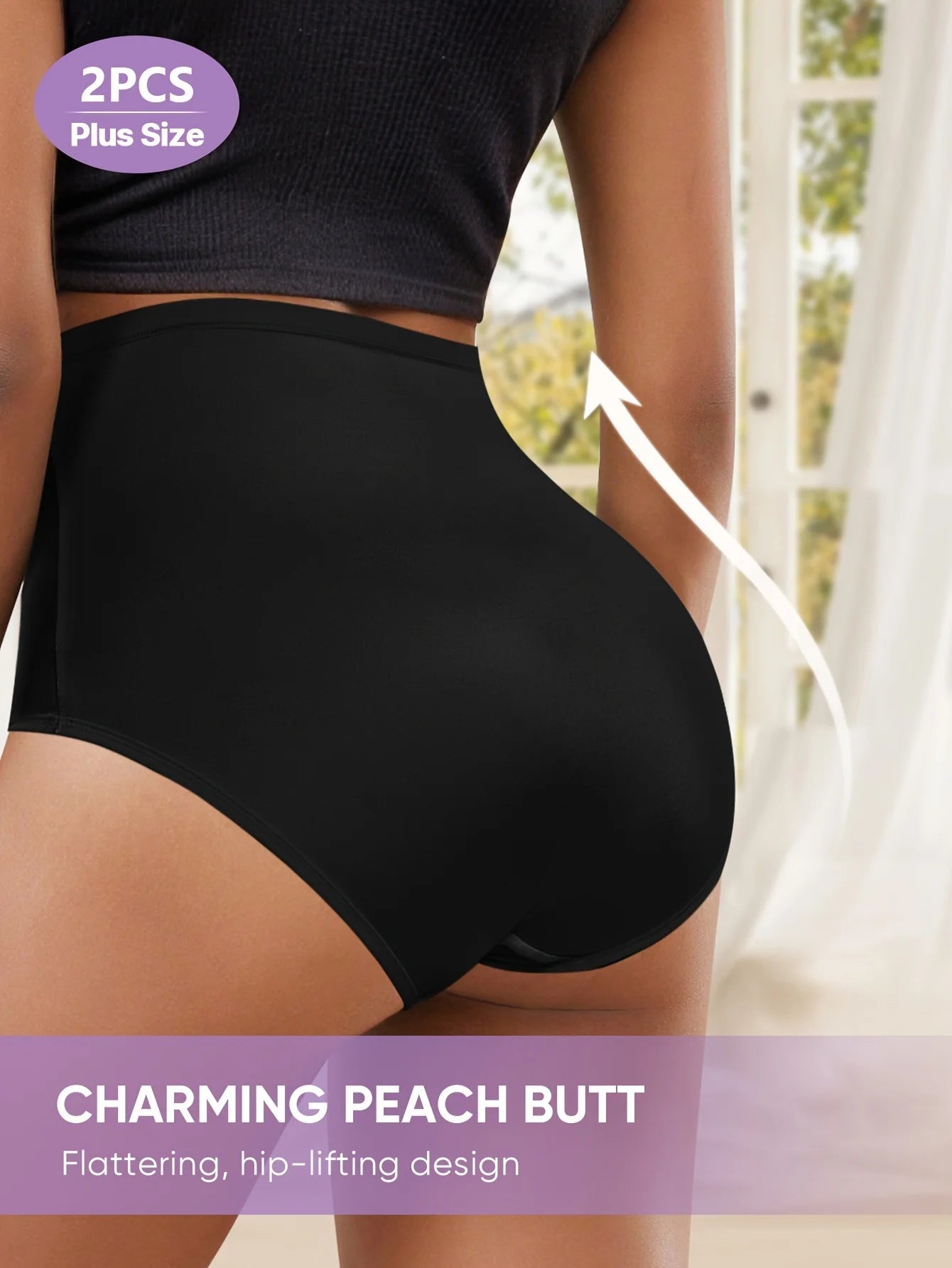 Black high-waisted underwear with text highlighting plus size and flattering design.
