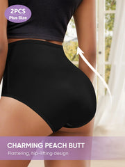Black high-waisted underwear with text highlighting plus size and flattering design.