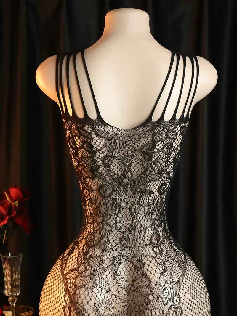 Close-up of floral mesh pattern and narrow shoulder straps on the back