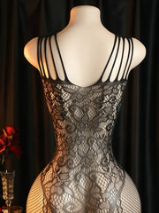 Close-up of floral mesh pattern and narrow shoulder straps on the back