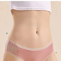 Person wearing a white top and pink underwear on a beige background