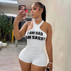 Halter Neck Letter Print Short Romper Women