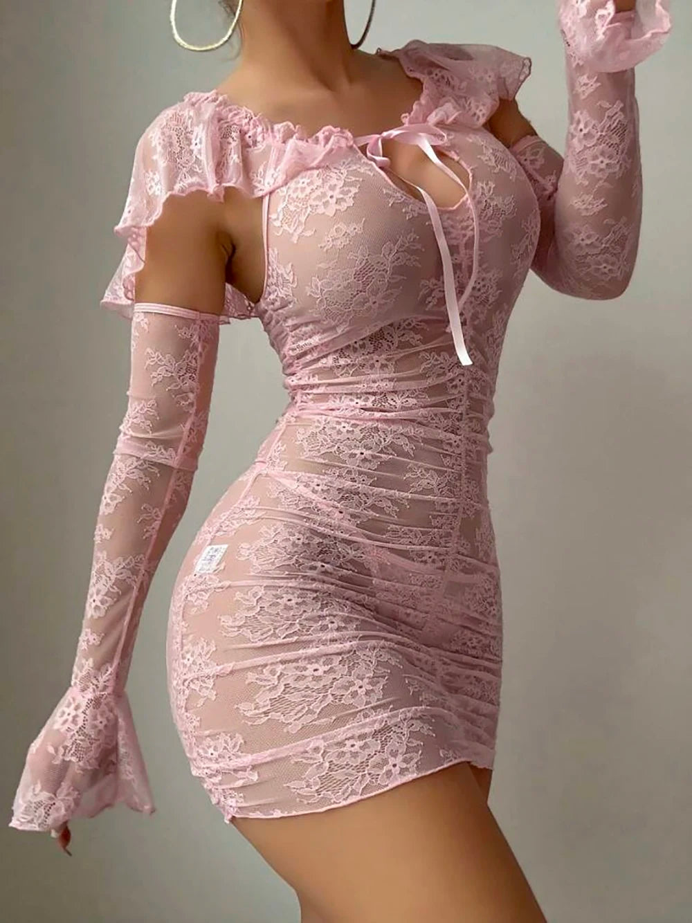 Ruffled Lace Babydoll Lingerie Set with Long Gloves – Sexy Nightwear