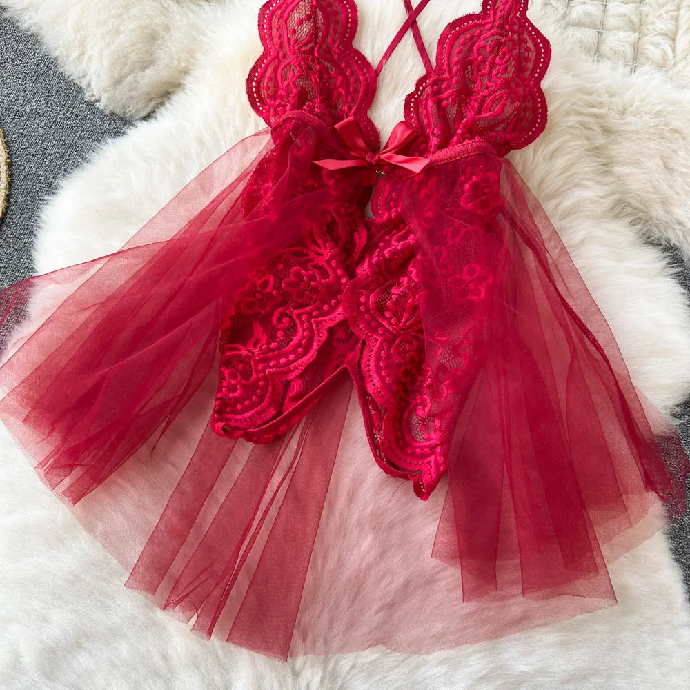 Sheer Lace V-Neck Shapewear Lingerie Dress