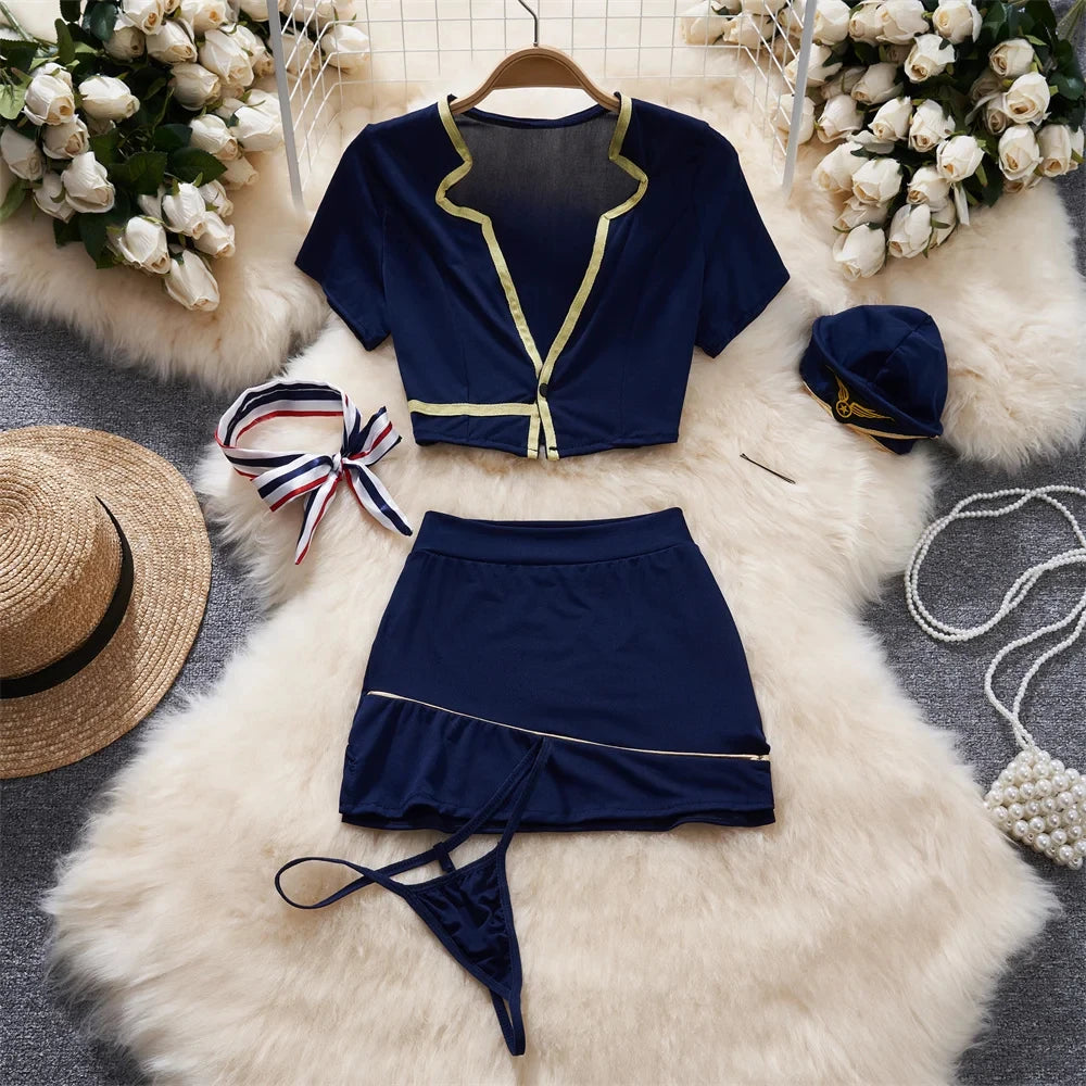 Navy blue swimsuit set with matching top and bottom on a fur surface with decorative items.