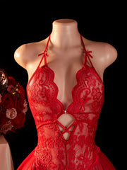 Floral Lace Halter Babydoll Teddy Lingerie