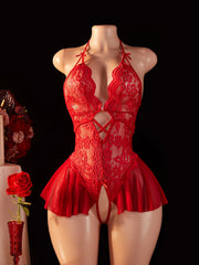 Floral Lace Halter Babydoll Teddy Lingerie