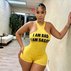 Halter Neck Letter Print Short Romper Women