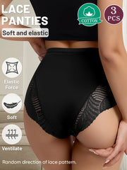 Black lace panties with packaging details on a neutral background
