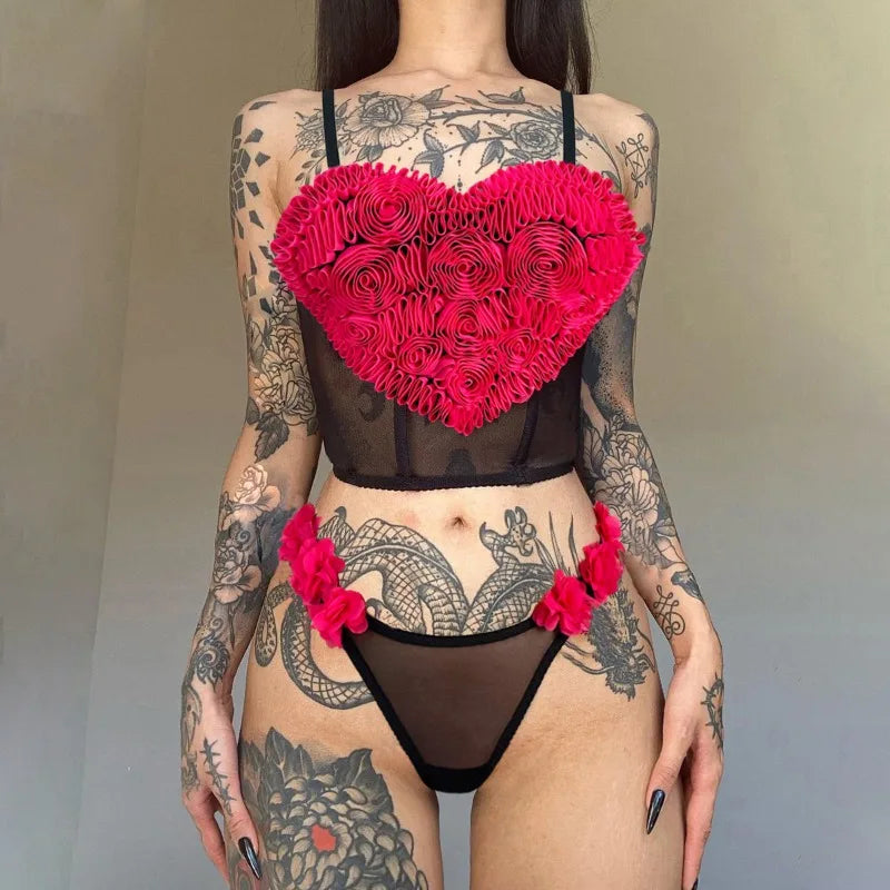 Sexy 3D Heart Mesh Lingerie Set – Sheer & Ultra-Thin