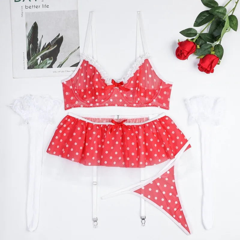 Red polka dot lingerie set with suspenders on a white background