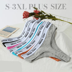 Set of women's underwear with 'Miss You' text in various colors on a white background.