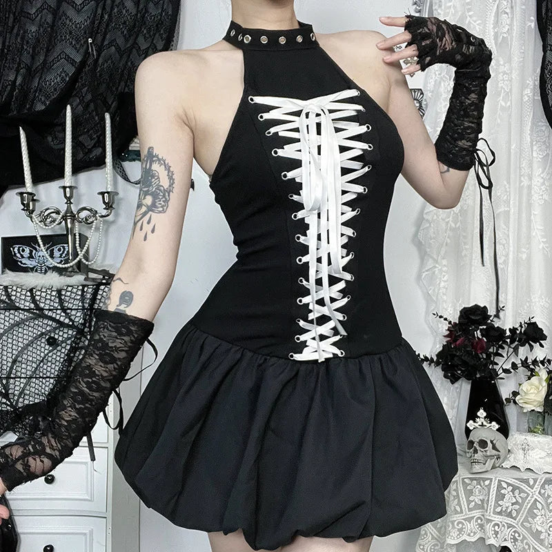 Mall Goth Halter Mini Dress – Slim Fit E-Girl Grunge Bandage Streetwear