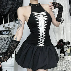 Mall Goth Halter Mini Dress – Slim Fit E-Girl Grunge Bandage Streetwear