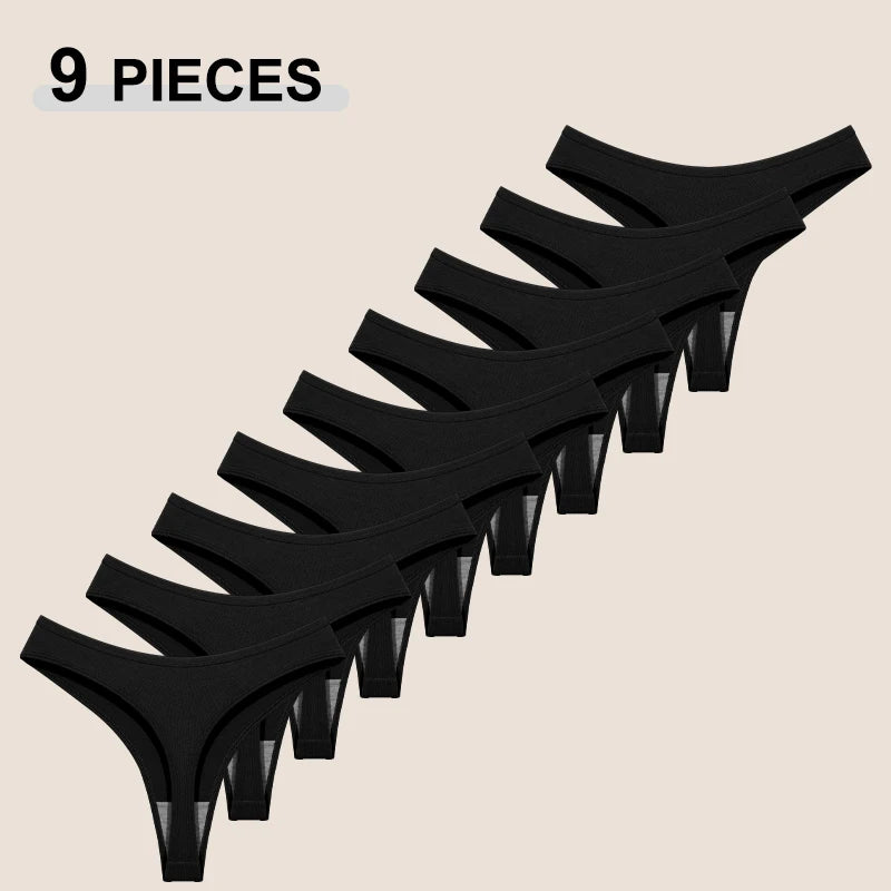 Nine black high-heeled thong sandals arranged in a fan shape on a light beige background, with the text '9 PIECES' in the top-left corner.