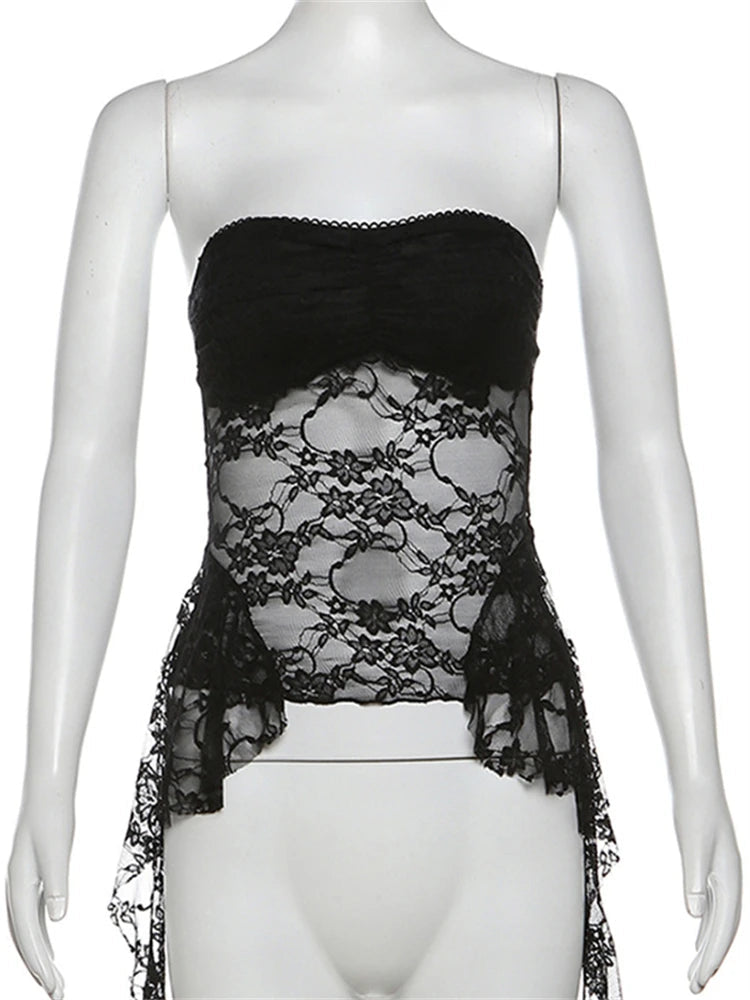 Black lace top on a mannequin with 'kliou' branding.