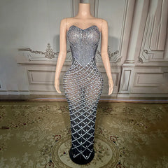 Luxurious Rhinestone Chain Mesh Backless Evening Dress