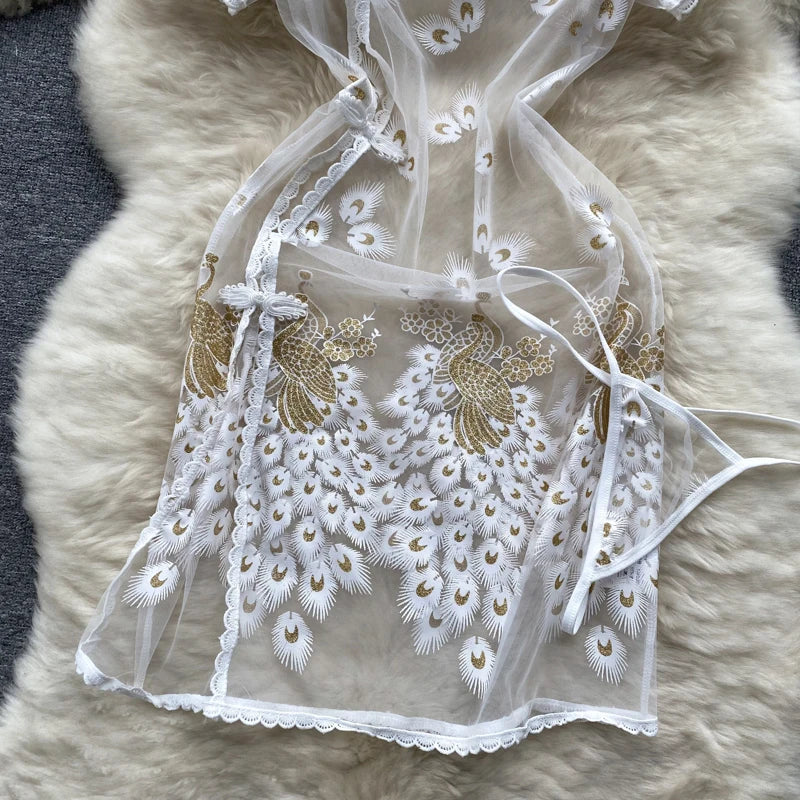 Chinese-Style Embroidered Sheer Lingerie Night Dress – Slim & Sexy