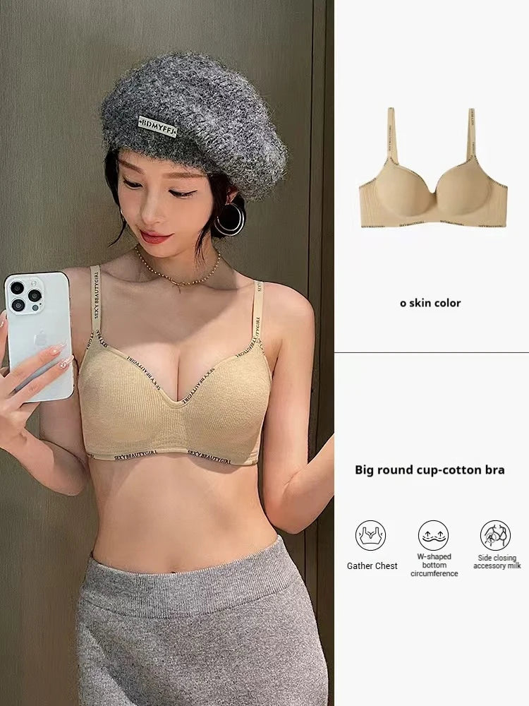 Woman wearing a beige bra and gray beret, with product details on the right.