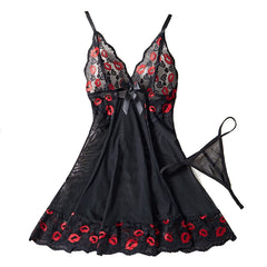 New Transparent Sexy Red Lips Love Print Lace Women's Strap Dress Deep V Bow Corset Sleeping Skirt Set Erotic Babydolls Lingerie