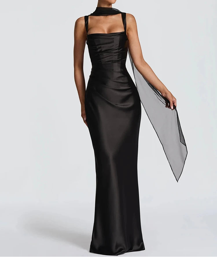 Satin Halter Lace-Up Maxi Dress