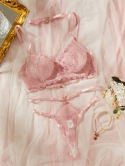 Romantic Pink Mesh Embroidered Lingerie Set