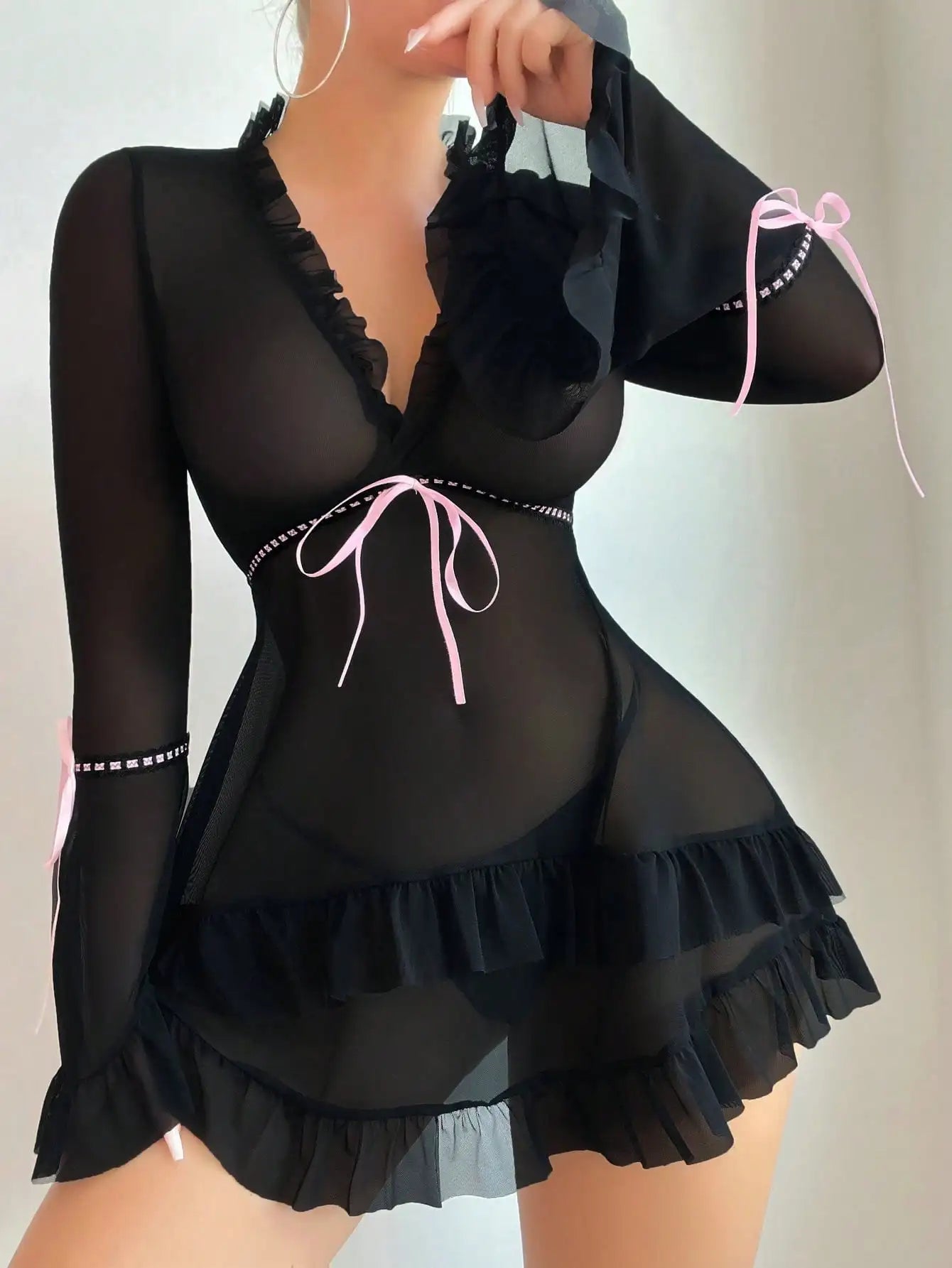 Sexy Ruffle Lace Dress – Deep V-Neck, Flare Sleeves, Sheer Elegance