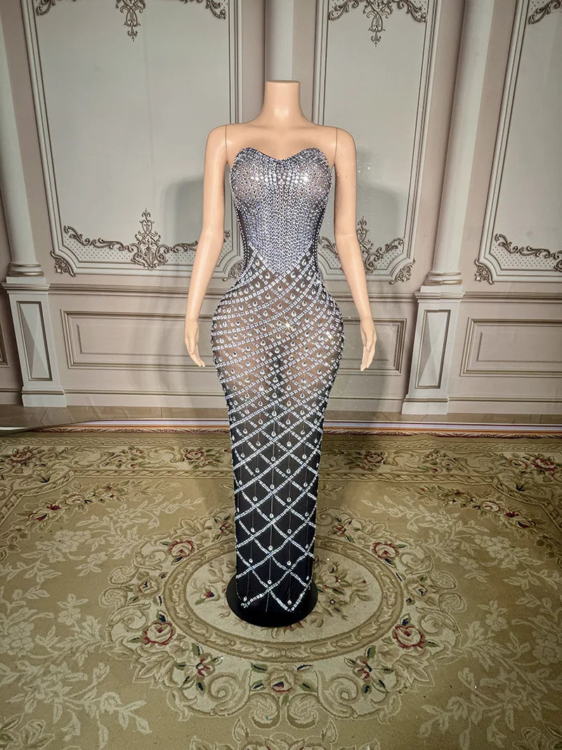 Luxurious Rhinestone Chain Mesh Backless Evening Dress