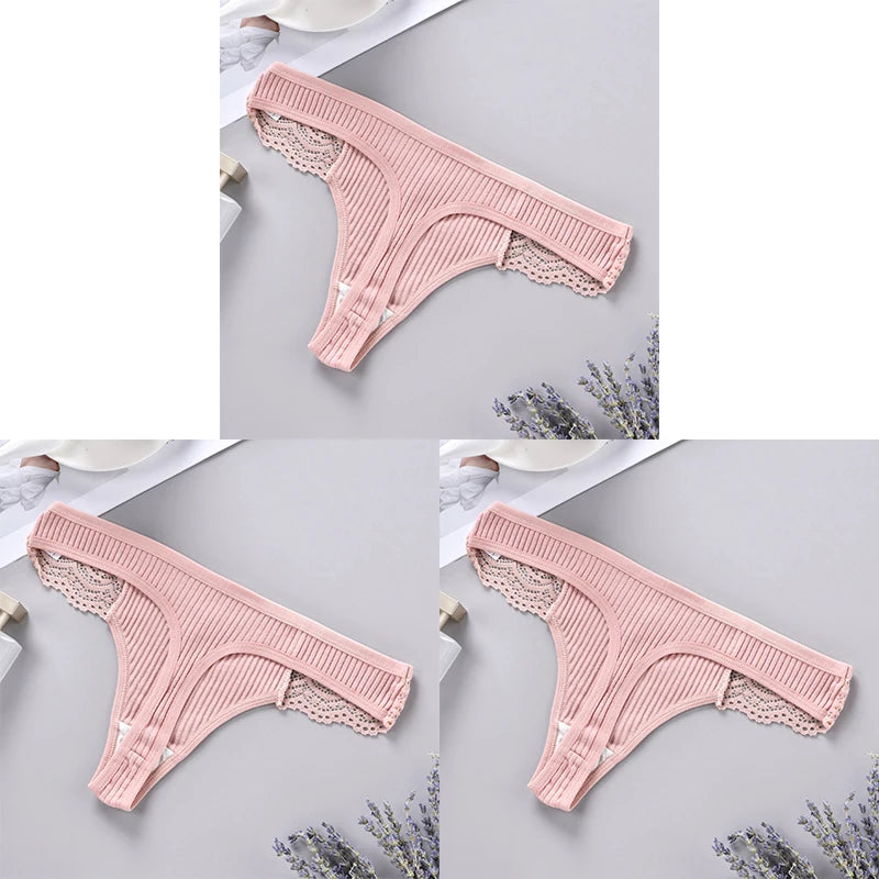 Three blush pink ribbed lace-trim thongs displayed in a collage
