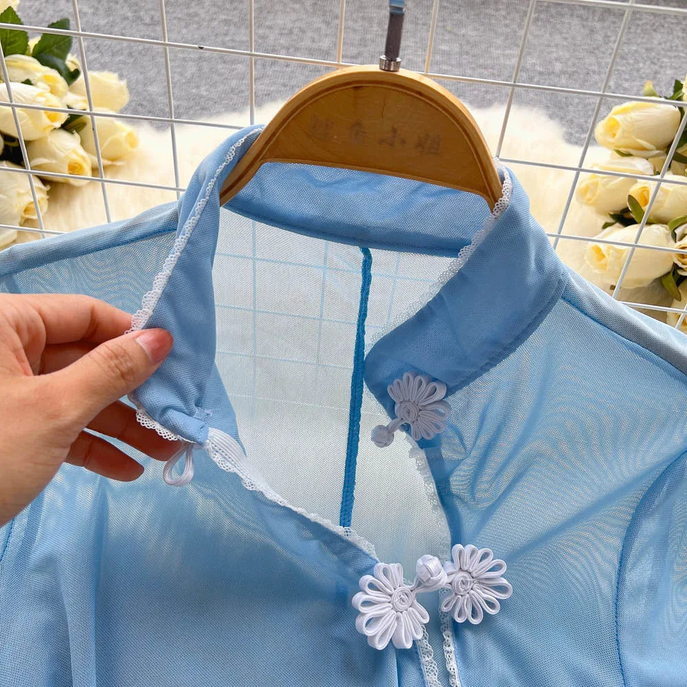 Retro Sheer Cheongsam Night Dress – Slim Fit Split Lingerie with Button Detail
