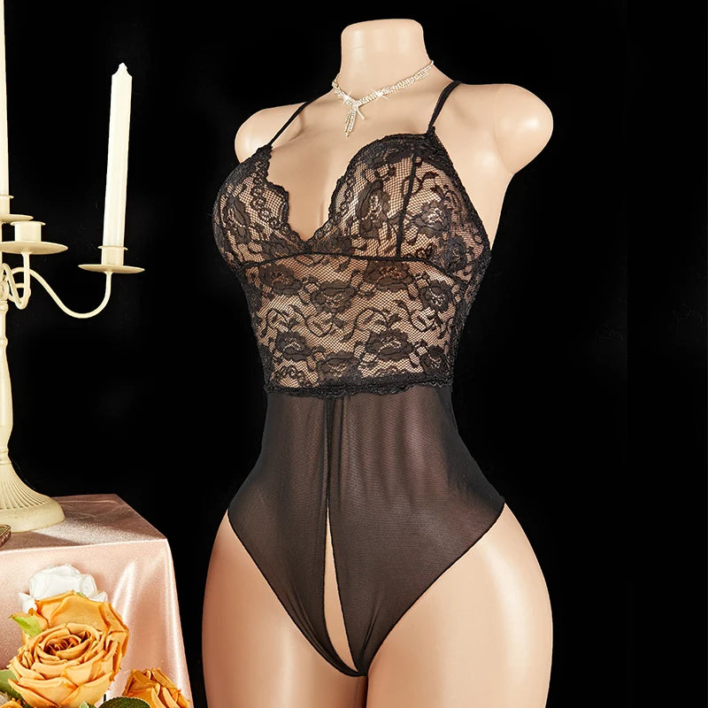 Women Lace Mesh Thong Bodysuit