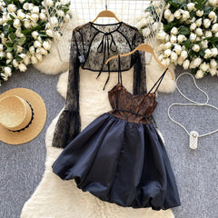 Chic Lace Strapless A-Line Dress – Full Sleeves & Puffy Skirt