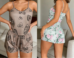Two images of a woman wearing different pajama sets in a living room setting.