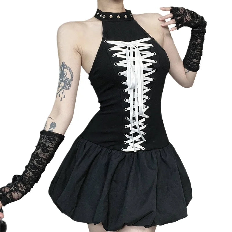 Mall Goth Halter Mini Dress – Slim Fit E-Girl Grunge Bandage Streetwear