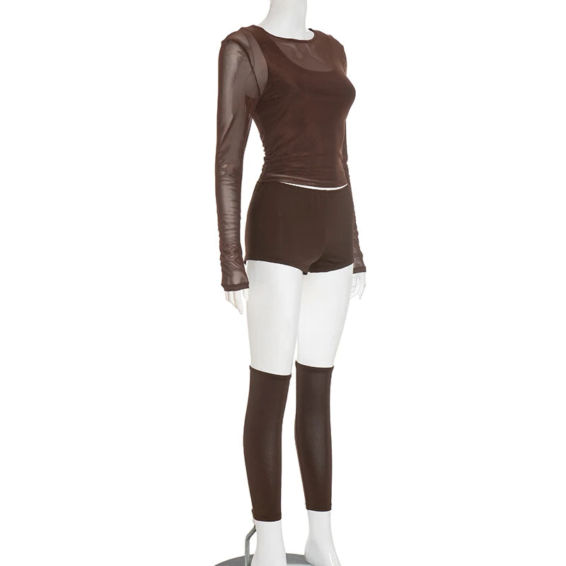 Mannequin wearing a brown outfit with sheer sleeves on a white background