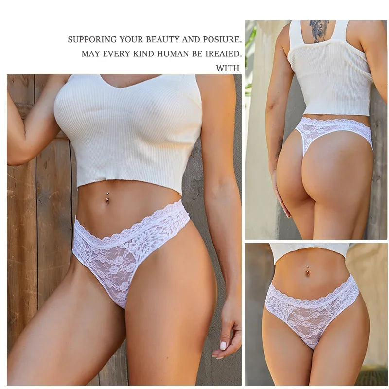 Person wearing a white lace underwear set with text above.