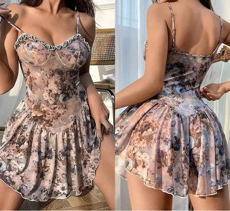 Woman wearing a floral nightgown with thin straps in two different settings.