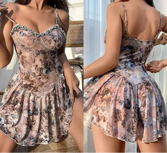 Woman wearing a floral nightgown with thin straps in two different settings.