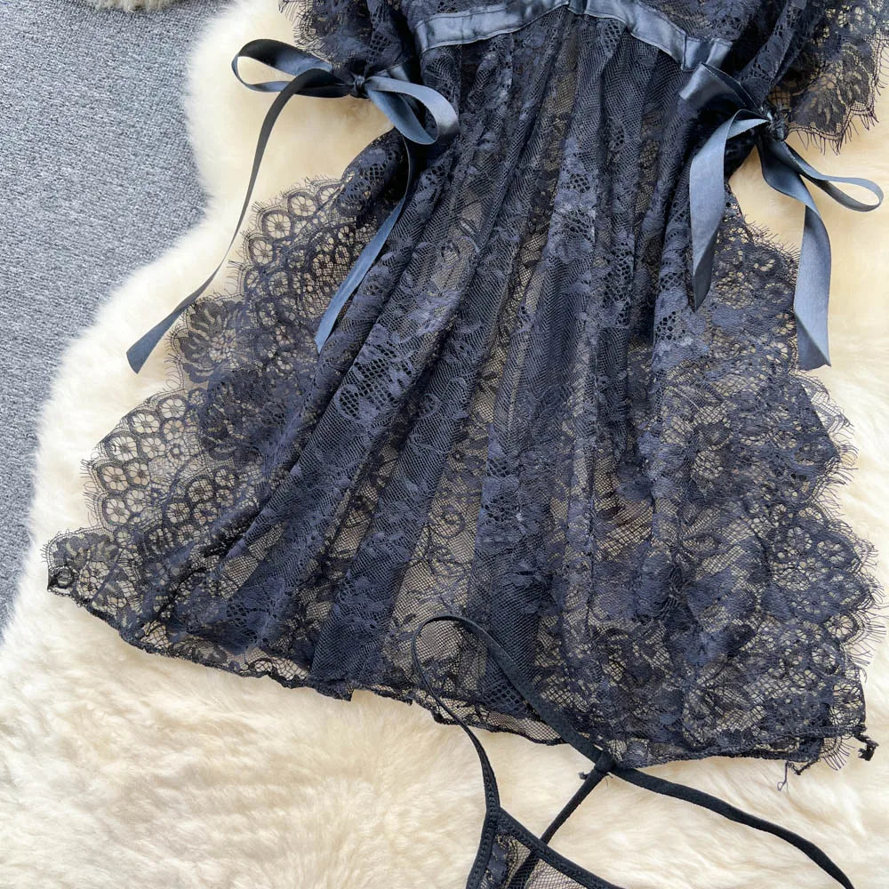 Lace Mesh V-Neck Split Dress – Elegant Sleepwear
