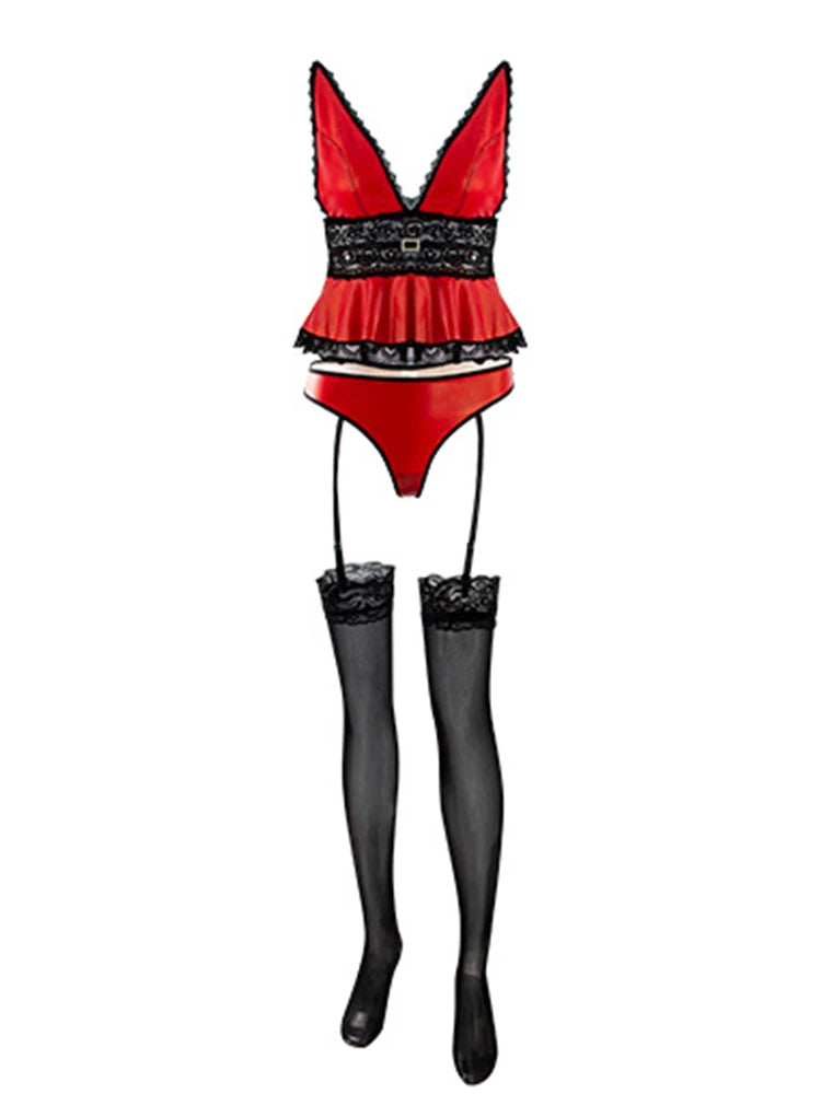 Ultra-Hot Red PU Leather Lingerie Set – 3-Piece Lace & Garter