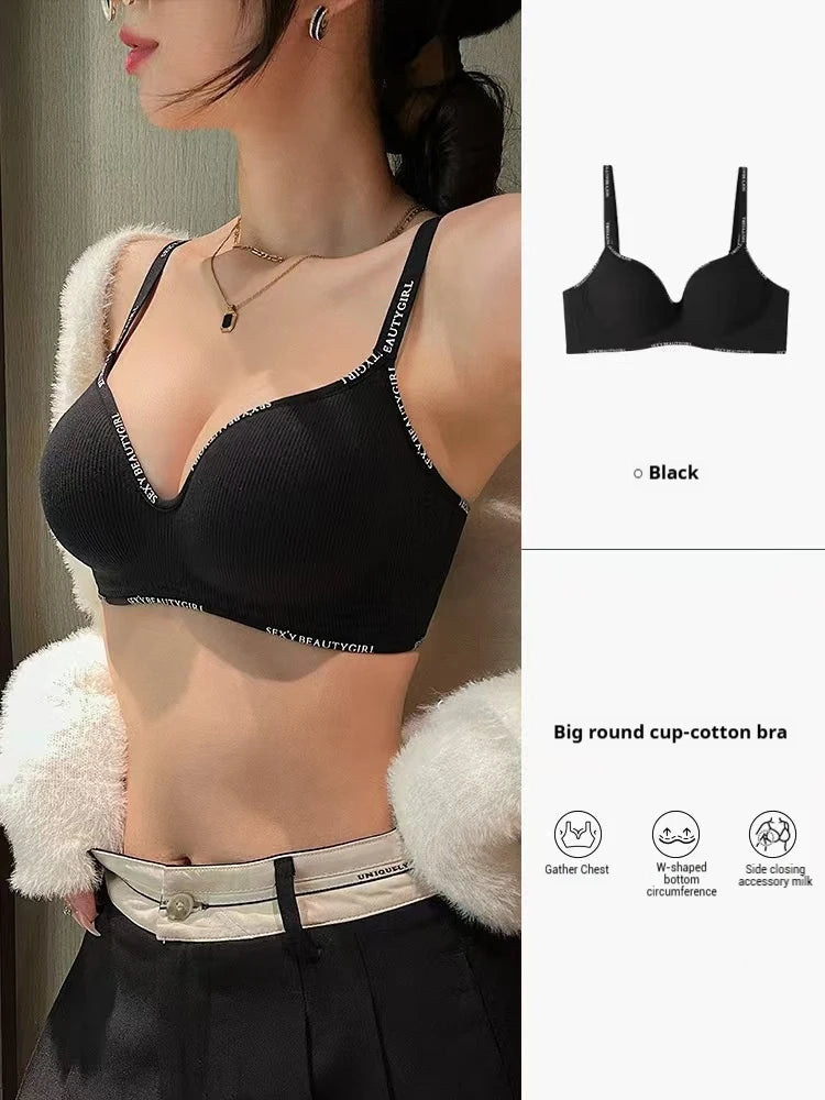 Black bra worn by a person with product details on the right.