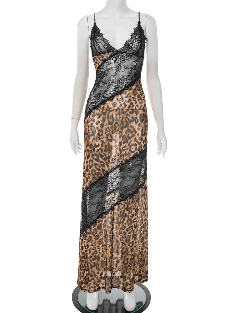Mannequin wearing a dress with leopard print and lace details on a white background