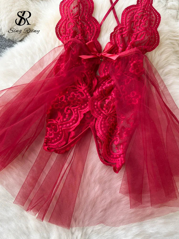 Sheer Lace V-Neck Shapewear Lingerie Dress