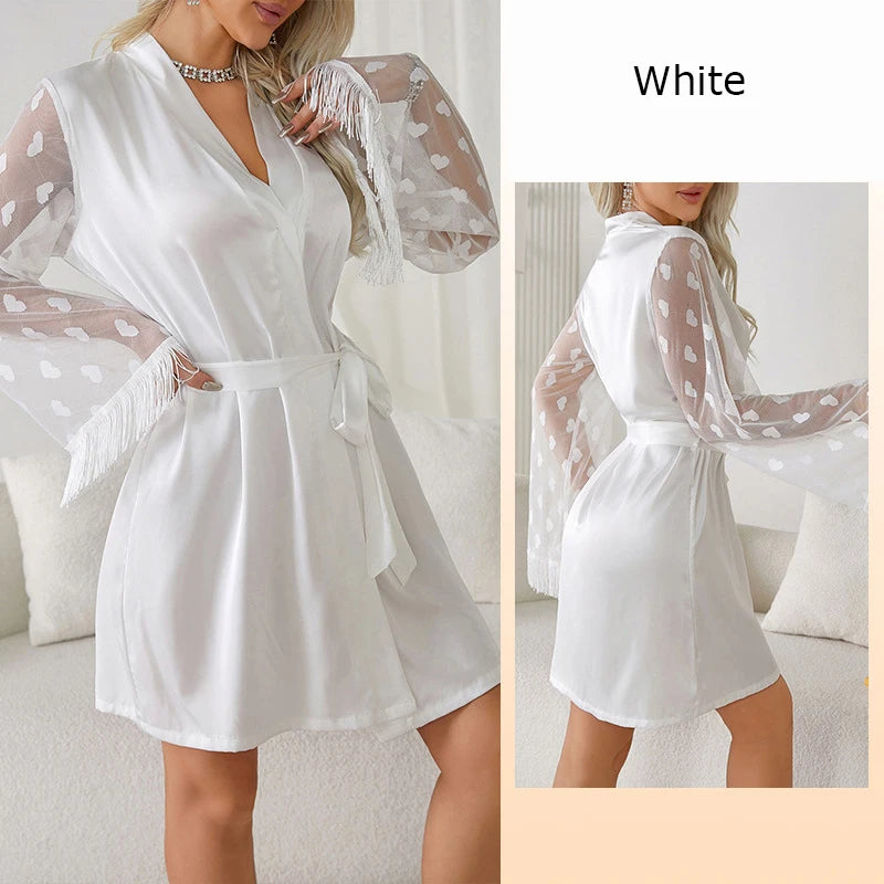 Elegant Silk Nightgown with Heart Mesh Sleeves – Luxury Sleepwear & Robe