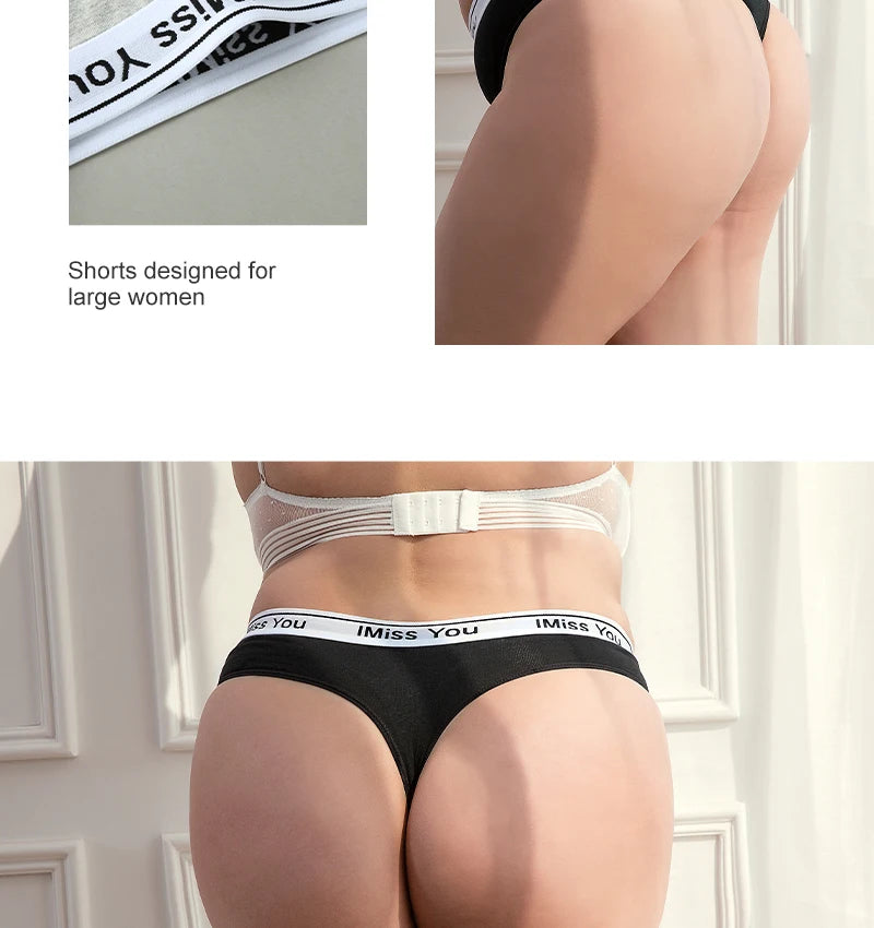 Black and white underwear with 'I Miss You' waistband on a model, displayed against a neutral background.