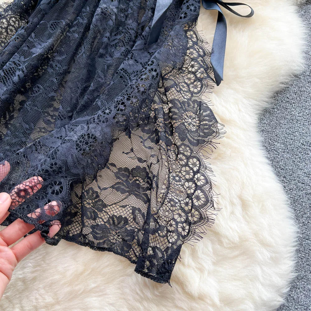 Lace Mesh V-Neck Split Dress – Elegant Sleepwear
