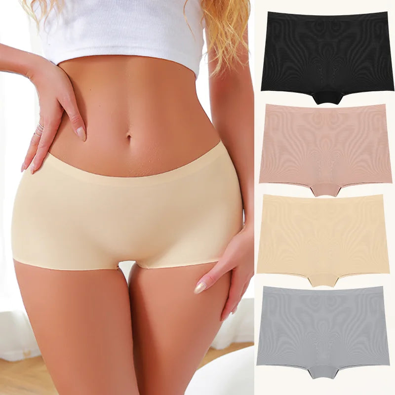 Woman wearing beige underwear with inset images of black, pink, and gray underwear.