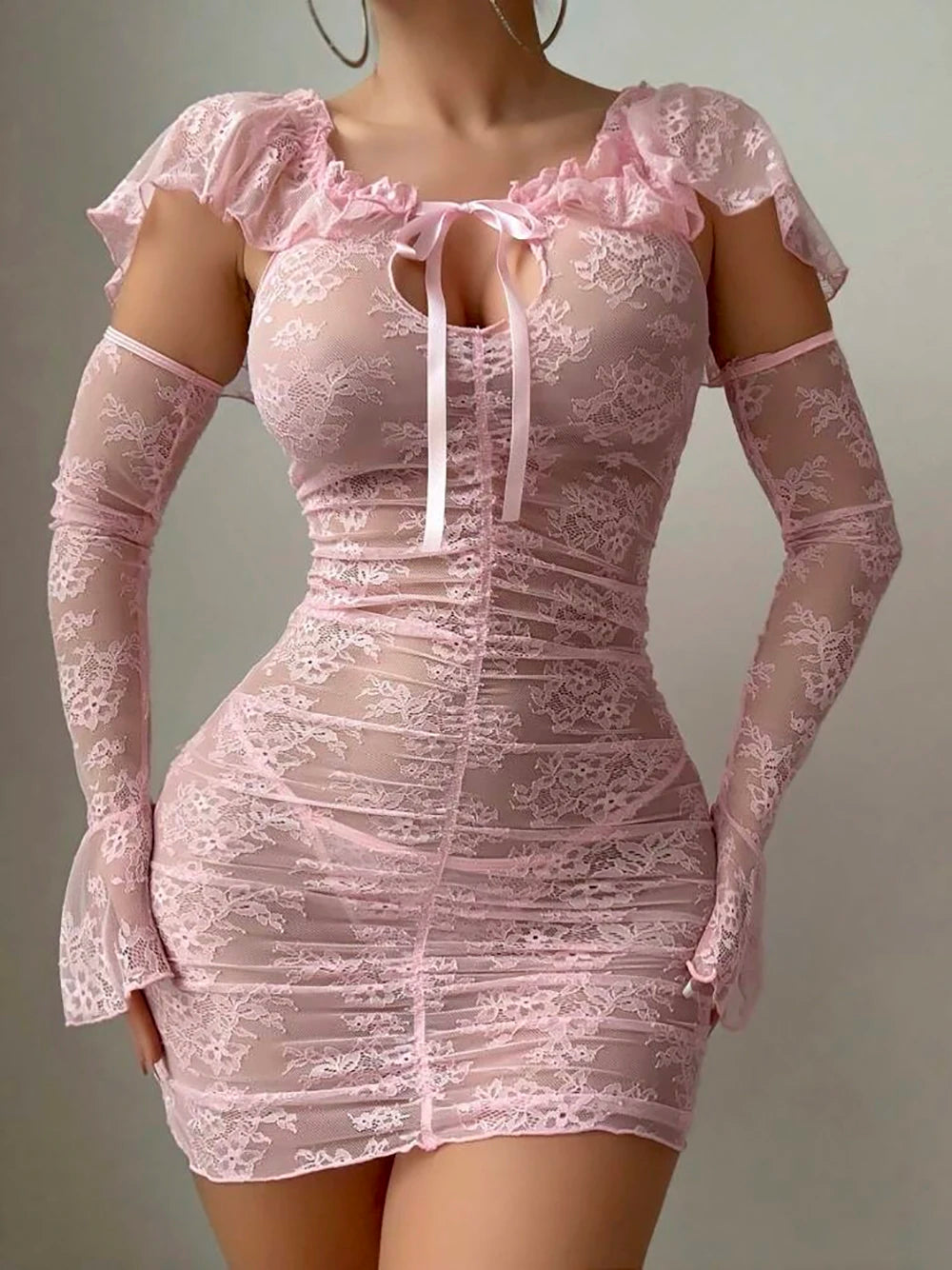 Ruffled Lace Babydoll Lingerie Set with Long Gloves – Sexy Nightwear