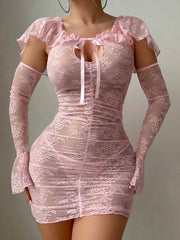 Ruffled Lace Babydoll Lingerie Set with Long Gloves – Sexy Nightwear